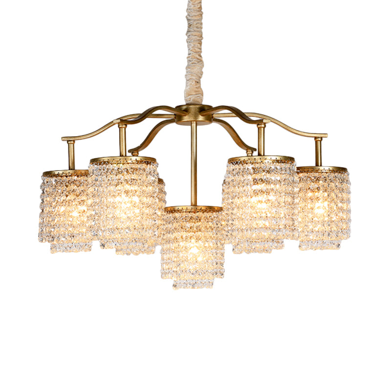 Crystal Cylinder Chandelier Light Fixture Rural 7 Heads Dining Room Ceiling Pendant in Brass Clearhalo 'Ceiling Lights' 'Chandeliers' Lighting' options 329132