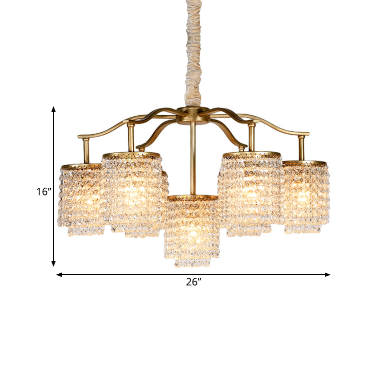 Crystal Cylinder Chandelier Light Fixture Rural 7 Heads Dining Room Ceiling Pendant in Brass Clearhalo 'Ceiling Lights' 'Chandeliers' Lighting' options 329133