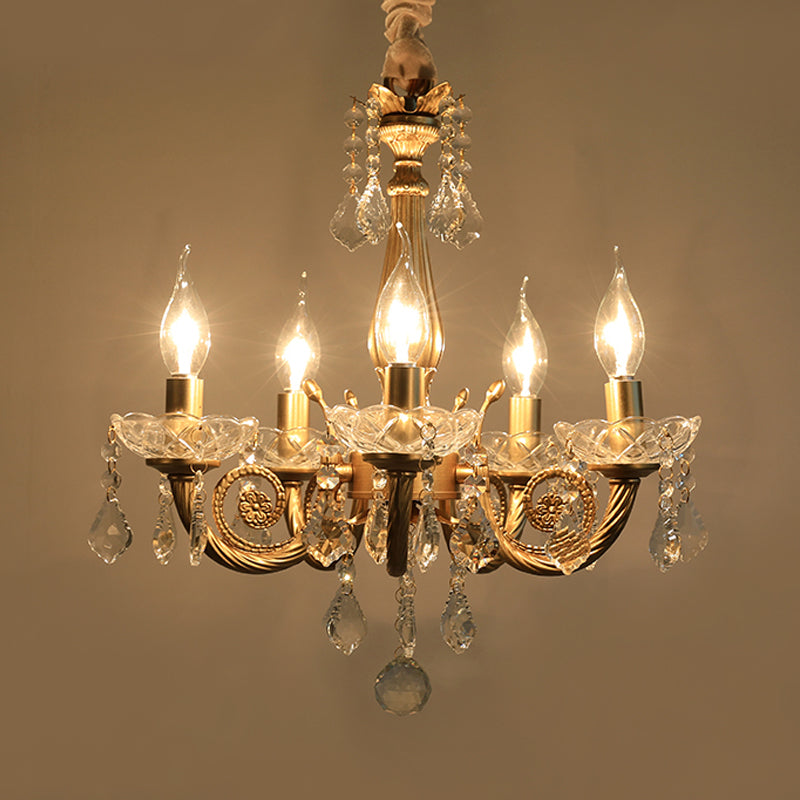 Crystal Gold Chandelier Lighting Scrolled Arm 5/6 Lights Lodge Pendant Light Fixture for Bedroom 5 Gold Clearhalo 'Ceiling Lights' 'Chandeliers' Lighting' options 329144_835e6f7c-000b-47ac-9314-47f428802939