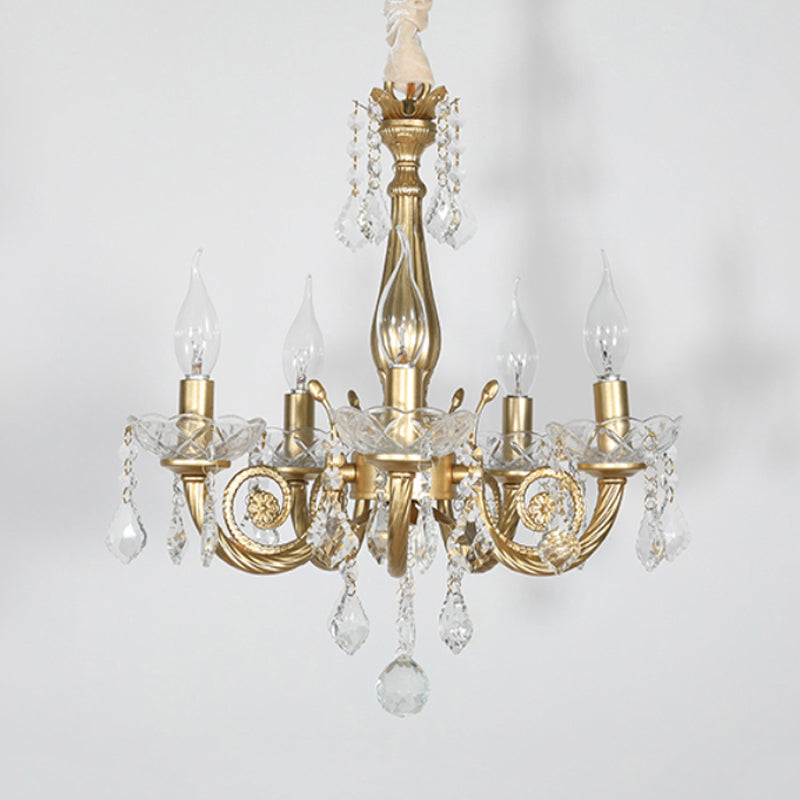 Crystal Gold Chandelier Lighting Scrolled Arm 5/6 Lights Lodge Pendant Light Fixture for Bedroom Clearhalo 'Ceiling Lights' 'Chandeliers' Lighting' options 329145