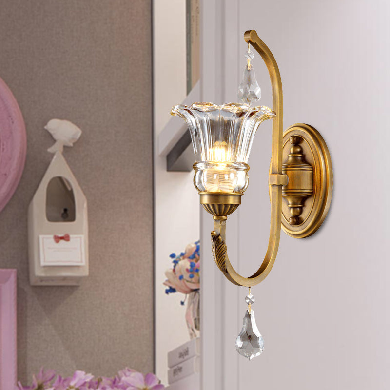 1/2 Bulbs Clear Glass Sconce Traditionalist Gold Floral Living Room Wall Mounted Light with Crystal Accent Clearhalo 'Wall Lamps & Sconces' 'Wall Lights' Lighting' 329199