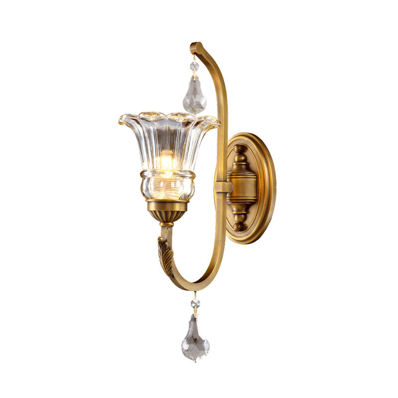 1/2 Bulbs Clear Glass Sconce Traditionalist Gold Floral Living Room Wall Mounted Light with Crystal Accent Clearhalo 'Wall Lamps & Sconces' 'Wall Lights' Lighting' 329201