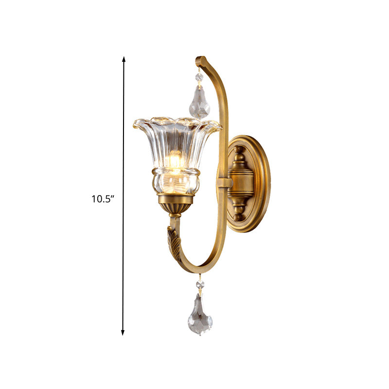 1/2 Bulbs Clear Glass Sconce Traditionalist Gold Floral Living Room Wall Mounted Light with Crystal Accent Clearhalo 'Wall Lamps & Sconces' 'Wall Lights' Lighting' 329202