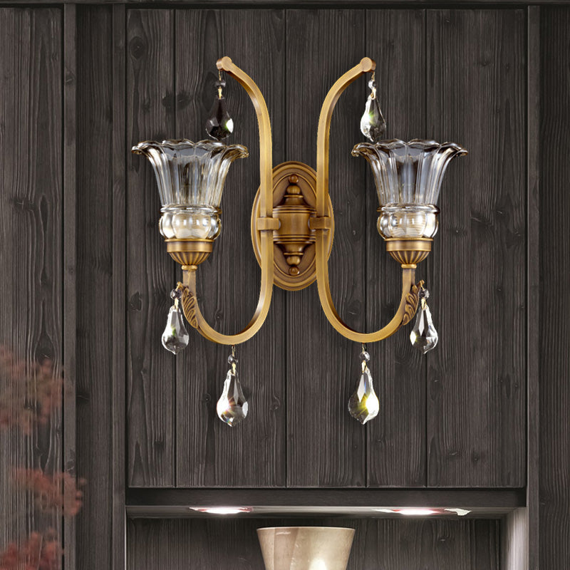 1/2 Bulbs Clear Glass Sconce Traditionalist Gold Floral Living Room Wall Mounted Light with Crystal Accent 2.0 Gold Clearhalo 'Wall Lamps & Sconces' 'Wall Lights' Lighting' 329203