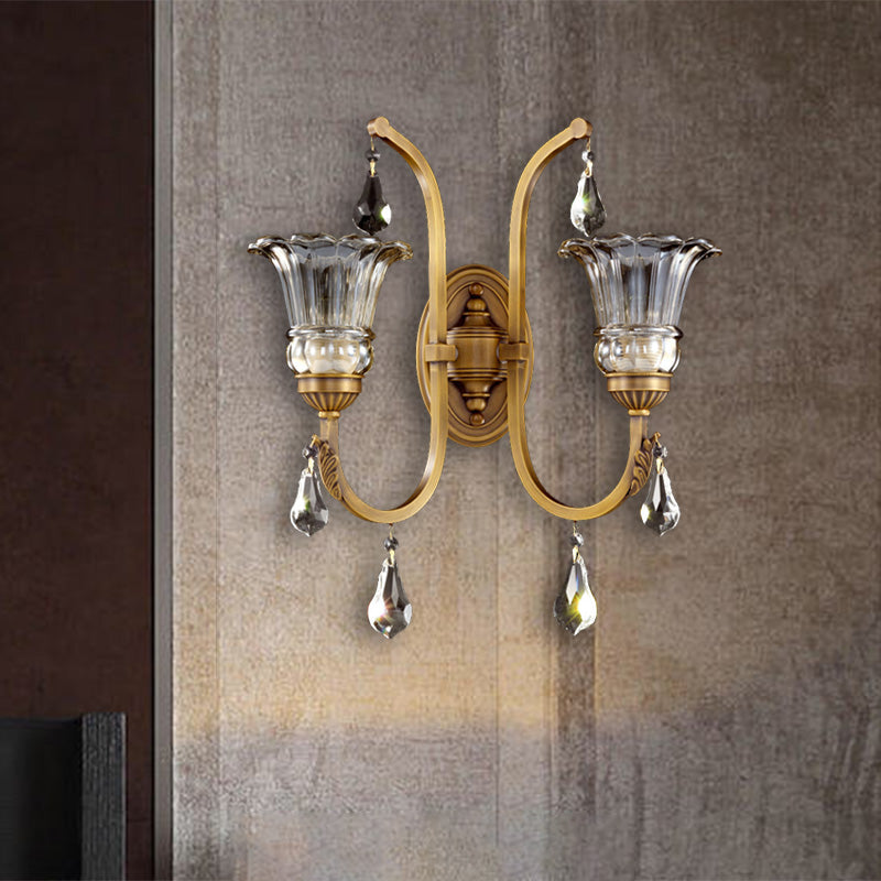 1/2 Bulbs Clear Glass Sconce Traditionalist Gold Floral Living Room Wall Mounted Light with Crystal Accent Clearhalo 'Wall Lamps & Sconces' 'Wall Lights' Lighting' 329204