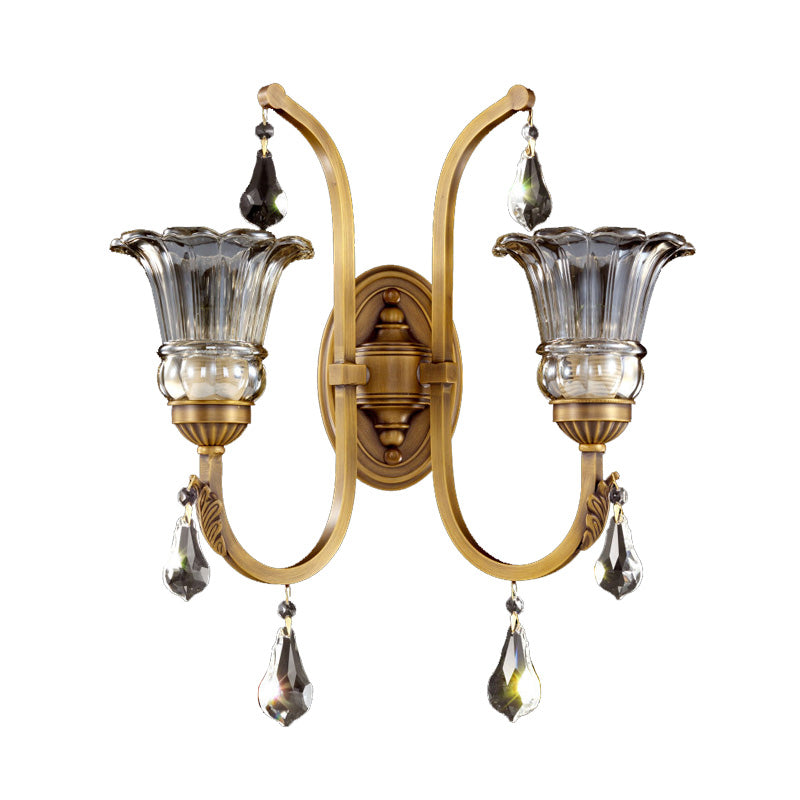 1/2 Bulbs Clear Glass Sconce Traditionalist Gold Floral Living Room Wall Mounted Light with Crystal Accent Clearhalo 'Wall Lamps & Sconces' 'Wall Lights' Lighting' 329205