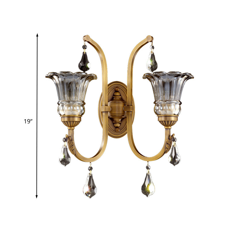 1/2 Bulbs Clear Glass Sconce Traditionalist Gold Floral Living Room Wall Mounted Light with Crystal Accent Clearhalo 'Wall Lamps & Sconces' 'Wall Lights' Lighting' 329206