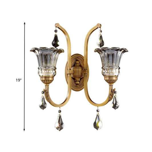 1/2 Bulbs Clear Glass Sconce Traditionalist Gold Floral Living Room Wall Mounted Light with Crystal Accent Clearhalo 'Wall Lamps & Sconces' 'Wall Lights' Lighting' 329206