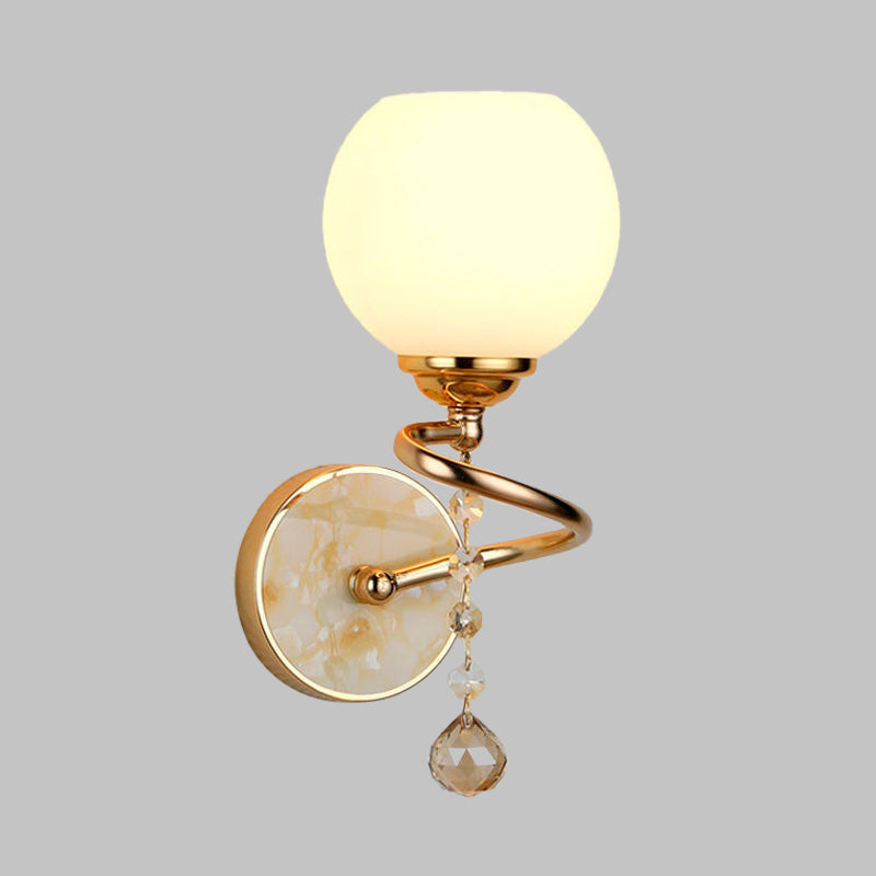 Dome Bedroom Sconce Light Traditional Frosted Glass 1 Head Gold/Chrome Wall Lighting Fixture with Crystal Ball Clearhalo 'Wall Lamps & Sconces' 'Wall Lights' Lighting' 329210