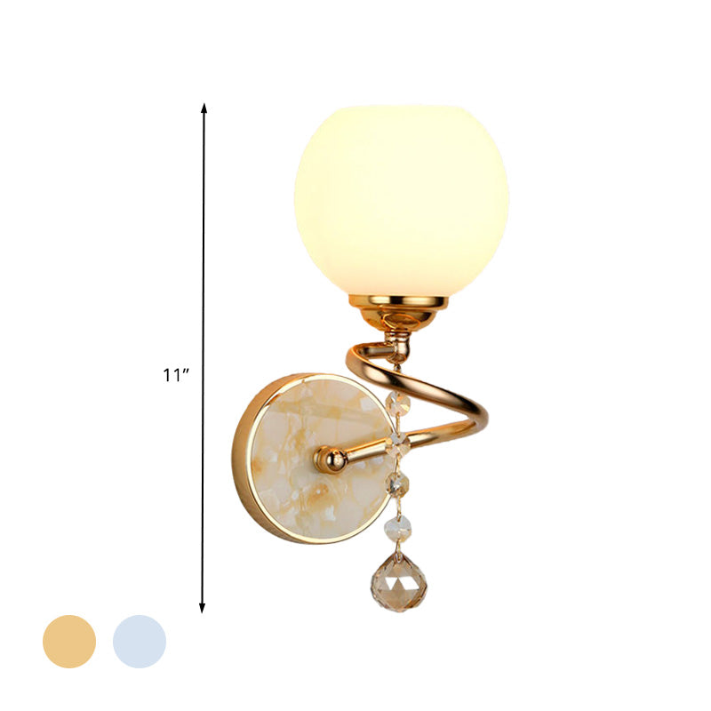 Dome Bedroom Sconce Light Traditional Frosted Glass 1 Head Gold/Chrome Wall Lighting Fixture with Crystal Ball Clearhalo 'Wall Lamps & Sconces' 'Wall Lights' Lighting' 329211