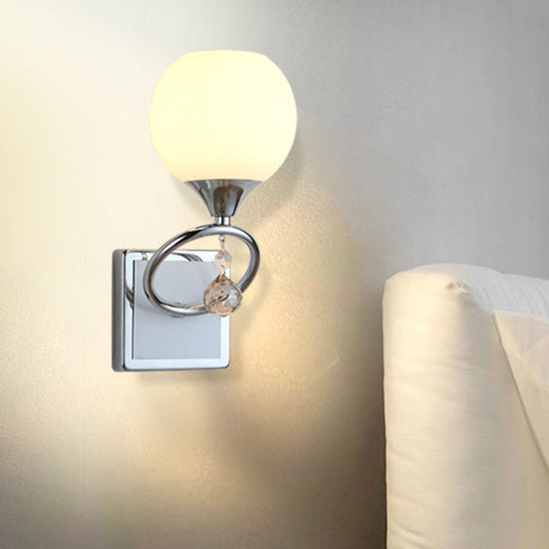 Dome Bedroom Sconce Light Traditional Frosted Glass 1 Head Gold/Chrome Wall Lighting Fixture with Crystal Ball Chrome Clearhalo 'Wall Lamps & Sconces' 'Wall Lights' Lighting' 329212