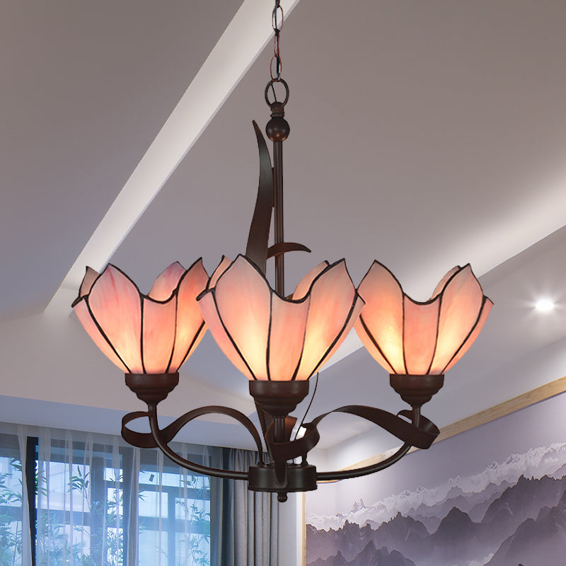 Bronze 3/5 Lights Chandelier Lighting Fixture Baroque Pink/Purple Floral Pendant Lamp for Kitchen Clearhalo 'Ceiling Lights' 'Chandeliers' 'Industrial' 'Middle Century Chandeliers' 'Tiffany Chandeliers' 'Tiffany close to ceiling' 'Tiffany' Lighting' 330296