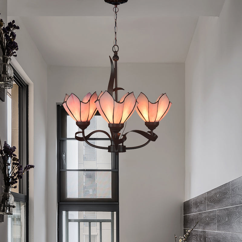 Bronze 3/5 Lights Chandelier Lighting Fixture Baroque Pink/Purple Floral Pendant Lamp for Kitchen Clearhalo 'Ceiling Lights' 'Chandeliers' 'Industrial' 'Middle Century Chandeliers' 'Tiffany Chandeliers' 'Tiffany close to ceiling' 'Tiffany' Lighting' 330297