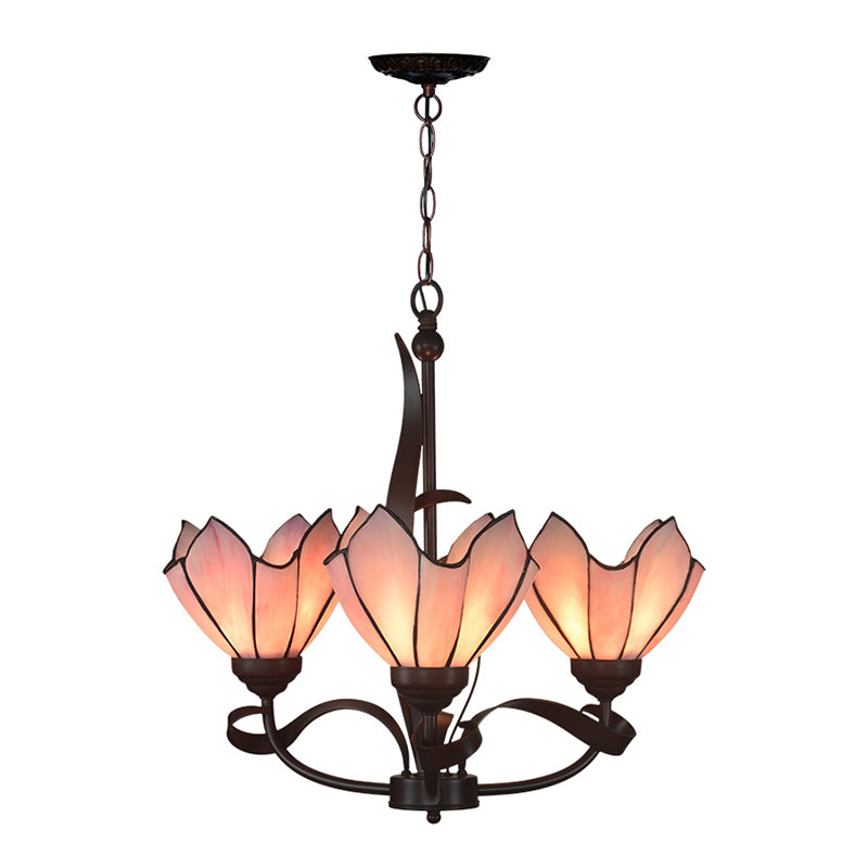 Bronze 3/5 Lights Chandelier Lighting Fixture Baroque Pink/Purple Floral Pendant Lamp for Kitchen Clearhalo 'Ceiling Lights' 'Chandeliers' 'Industrial' 'Middle Century Chandeliers' 'Tiffany Chandeliers' 'Tiffany close to ceiling' 'Tiffany' Lighting' 330298