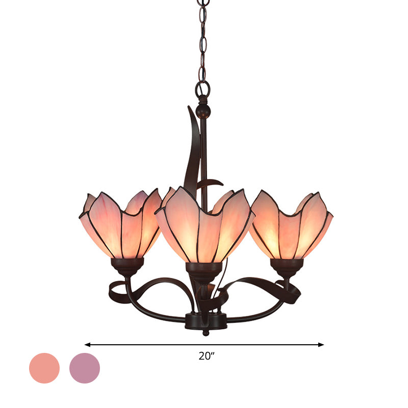 Bronze 3/5 Lights Chandelier Lighting Fixture Baroque Pink/Purple Floral Pendant Lamp for Kitchen Clearhalo 'Ceiling Lights' 'Chandeliers' 'Industrial' 'Middle Century Chandeliers' 'Tiffany Chandeliers' 'Tiffany close to ceiling' 'Tiffany' Lighting' 330299