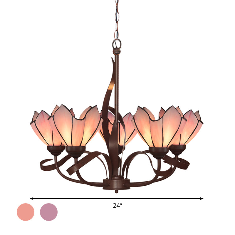 Bronze 3/5 Lights Chandelier Lighting Fixture Baroque Pink/Purple Floral Pendant Lamp for Kitchen Clearhalo 'Ceiling Lights' 'Chandeliers' 'Industrial' 'Middle Century Chandeliers' 'Tiffany Chandeliers' 'Tiffany close to ceiling' 'Tiffany' Lighting' 330302