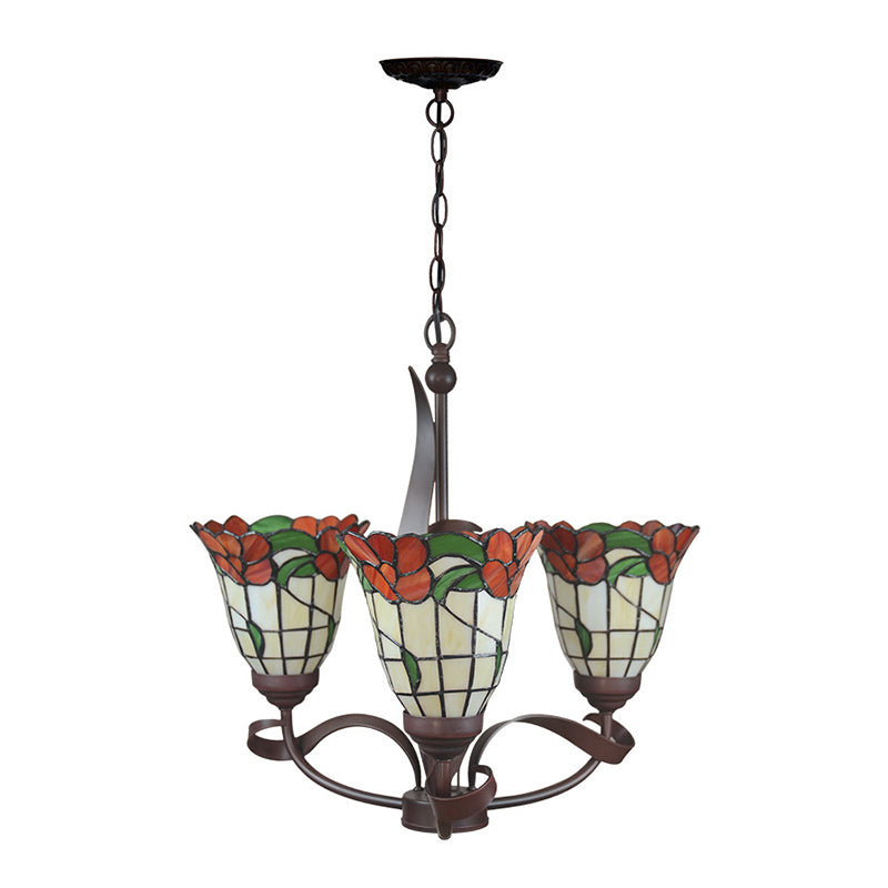 Cut Glass Red Chandelier Pendant Light Blossom 3/5 Lights Mediterranean Ceiling Lamp for Kitchen Clearhalo 'Ceiling Lights' 'Chandeliers' 'Industrial' 'Middle Century Chandeliers' 'Tiffany Chandeliers' 'Tiffany close to ceiling' 'Tiffany' Lighting' 330342