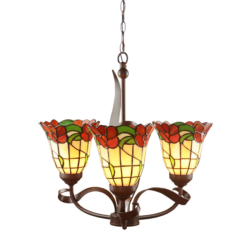 Cut Glass Red Chandelier Pendant Light Blossom 3/5 Lights Mediterranean Ceiling Lamp for Kitchen Clearhalo 'Ceiling Lights' 'Chandeliers' 'Industrial' 'Middle Century Chandeliers' 'Tiffany Chandeliers' 'Tiffany close to ceiling' 'Tiffany' Lighting' 330343