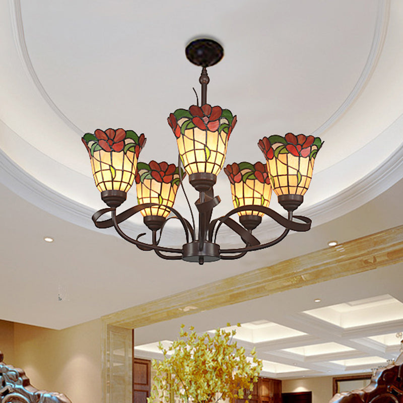 Cut Glass Red Chandelier Pendant Light Blossom 3/5 Lights Mediterranean Ceiling Lamp for Kitchen 5 Red Clearhalo 'Ceiling Lights' 'Chandeliers' 'Industrial' 'Middle Century Chandeliers' 'Tiffany Chandeliers' 'Tiffany close to ceiling' 'Tiffany' Lighting' 330345