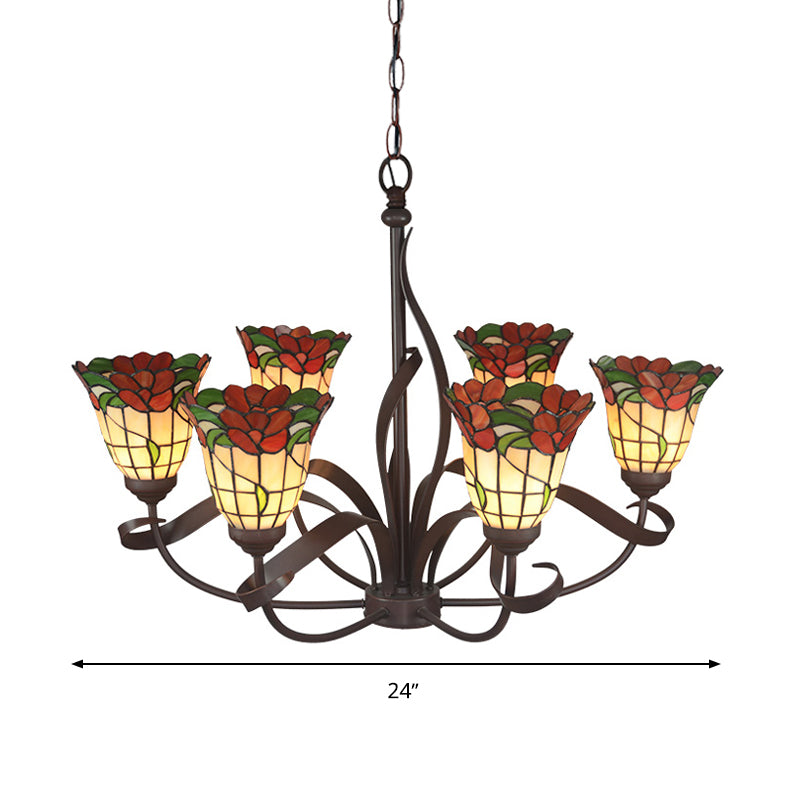 Cut Glass Red Chandelier Pendant Light Blossom 3/5 Lights Mediterranean Ceiling Lamp for Kitchen Clearhalo 'Ceiling Lights' 'Chandeliers' 'Industrial' 'Middle Century Chandeliers' 'Tiffany Chandeliers' 'Tiffany close to ceiling' 'Tiffany' Lighting' 330346