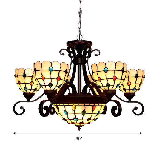 Domed Stained Glass Chandelier Light Tiffany 9 Lights White/Red/Beige Suspension Lighting for Living Room Clearhalo 'Ceiling Lights' 'Chandeliers' 'Industrial' 'Middle Century Chandeliers' 'Tiffany Chandeliers' 'Tiffany close to ceiling' 'Tiffany' Lighting' 330488