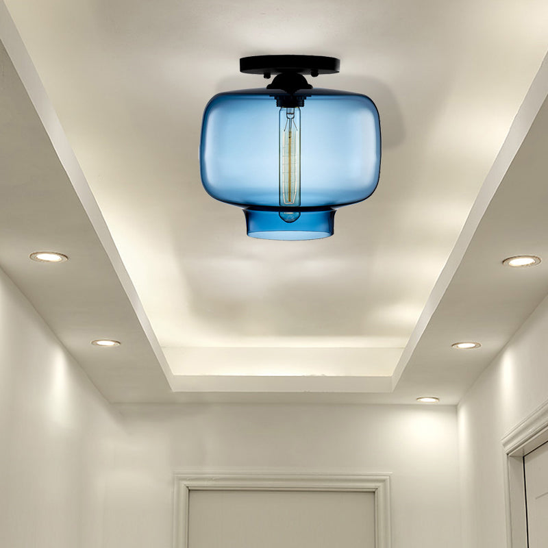 Modern Red/Sky Blue/Amber/Smoke Gray/Coffee Lantern Flushmount Light 1 Bulb Flush Mount Lamp with Glass Shade in Black Sky Blue Clearhalo 'Ceiling Lights' 'Close To Ceiling Lights' 'Close to ceiling' 'Flush mount' Lighting' 330532