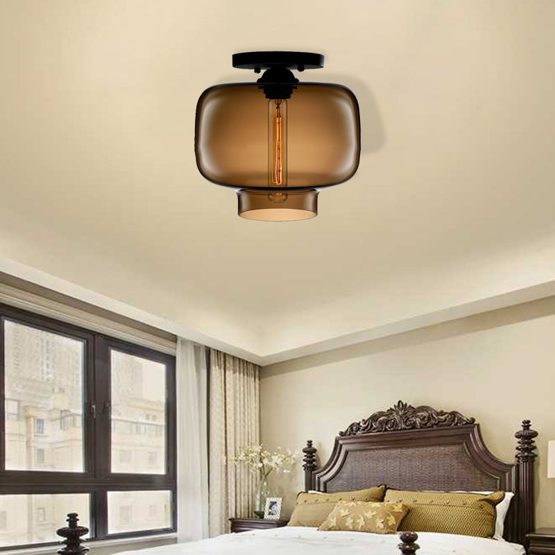 Modern Red/Sky Blue/Amber/Smoke Gray/Coffee Lantern Flushmount Light 1 Bulb Flush Mount Lamp with Glass Shade in Black Coffee Clearhalo 'Ceiling Lights' 'Close To Ceiling Lights' 'Close to ceiling' 'Flush mount' Lighting' 330542