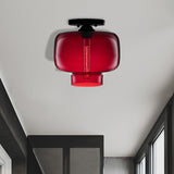 Modern Red/Sky Blue/Amber/Smoke Gray/Coffee Lantern Flushmount Light 1 Bulb Flush Mount Lamp with Glass Shade in Black Red Clearhalo 'Ceiling Lights' 'Close To Ceiling Lights' 'Close to ceiling' 'Flush mount' Lighting' 330545