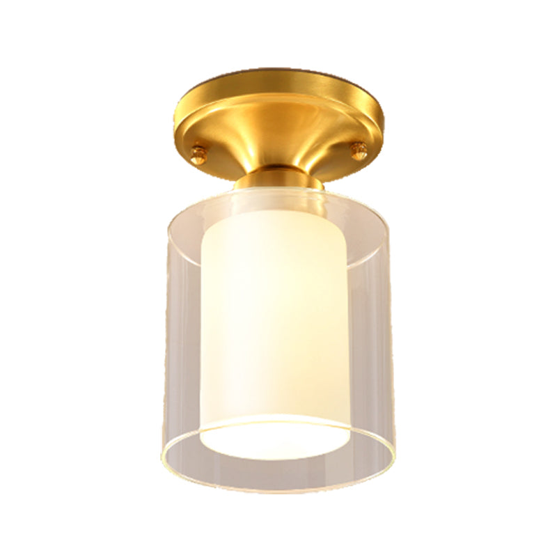 Gold Finish Cylindrical Semi Flush Ceiling Light Glass Simple 1 Bulb Semi-Flush Mount Light for Hall Clearhalo 'Ceiling Lights' 'Close To Ceiling Lights' 'Close to ceiling' 'Flush mount' Lighting' 330550