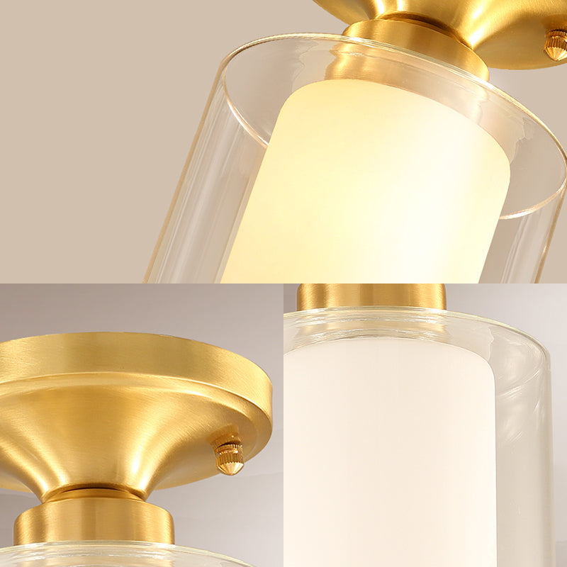 Gold Finish Cylindrical Semi Flush Ceiling Light Glass Simple 1 Bulb Semi-Flush Mount Light for Hall Clearhalo 'Ceiling Lights' 'Close To Ceiling Lights' 'Close to ceiling' 'Flush mount' Lighting' 330552