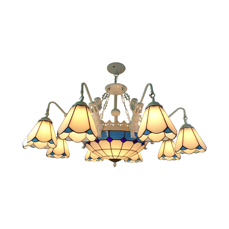 Stained Glass Cone Pendant Chandelier Baroque 7/9 Lights Yellow/Blue Hanging Light Kit for Living Room 9 Yellow Clearhalo 'Ceiling Lights' 'Chandeliers' 'Industrial' 'Middle Century Chandeliers' 'Tiffany Chandeliers' 'Tiffany close to ceiling' 'Tiffany' Lighting' 330637