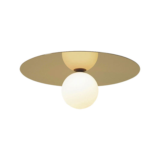 9.5" W Brass Finish Round Flushmount Ceiling Lamp Contemporary 1 Bulb Ceiling Flush Mount Light with Milk Glass Shade Clearhalo 'Ceiling Lights' 'Close To Ceiling Lights' 'Close to ceiling' 'Flush mount' Lighting' 330640