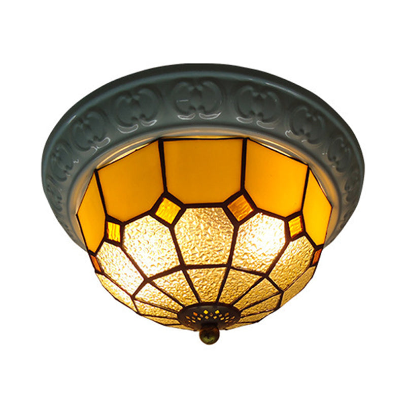 Tiffany Grid Patterned Flush Mount Lighting 2 Lights Pink/Yellow/Blue Cut Glass Ceiling Fixture for Corridor Clearhalo 'Ceiling Lights' 'Close To Ceiling Lights' 'Close to ceiling' 'Flush mount' Lighting' 330668