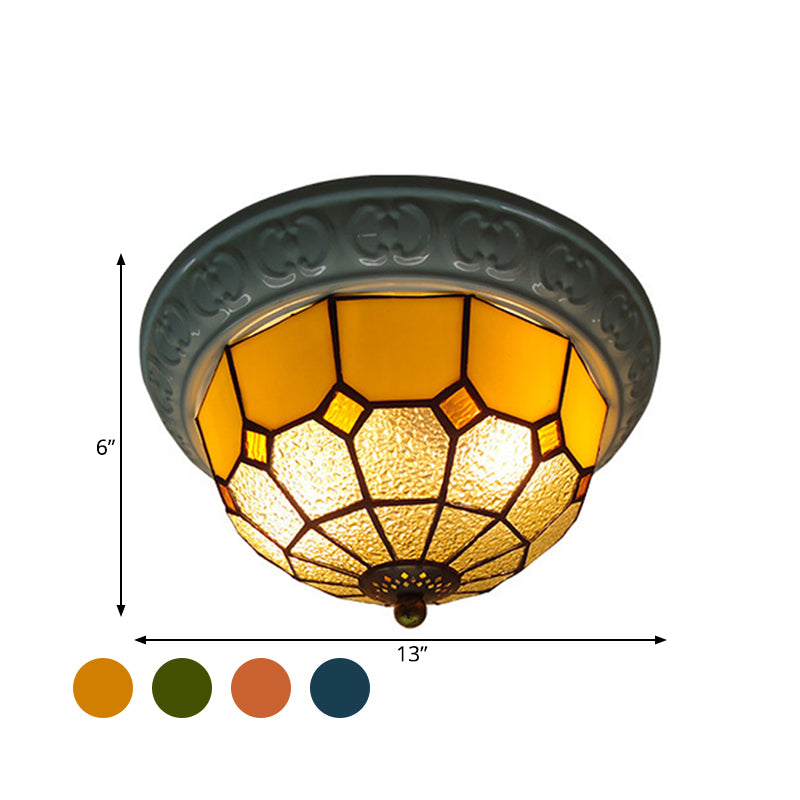 Tiffany Grid Patterned Flush Mount Lighting 2 Lights Pink/Yellow/Blue Cut Glass Ceiling Fixture for Corridor Clearhalo 'Ceiling Lights' 'Close To Ceiling Lights' 'Close to ceiling' 'Flush mount' Lighting' 330669