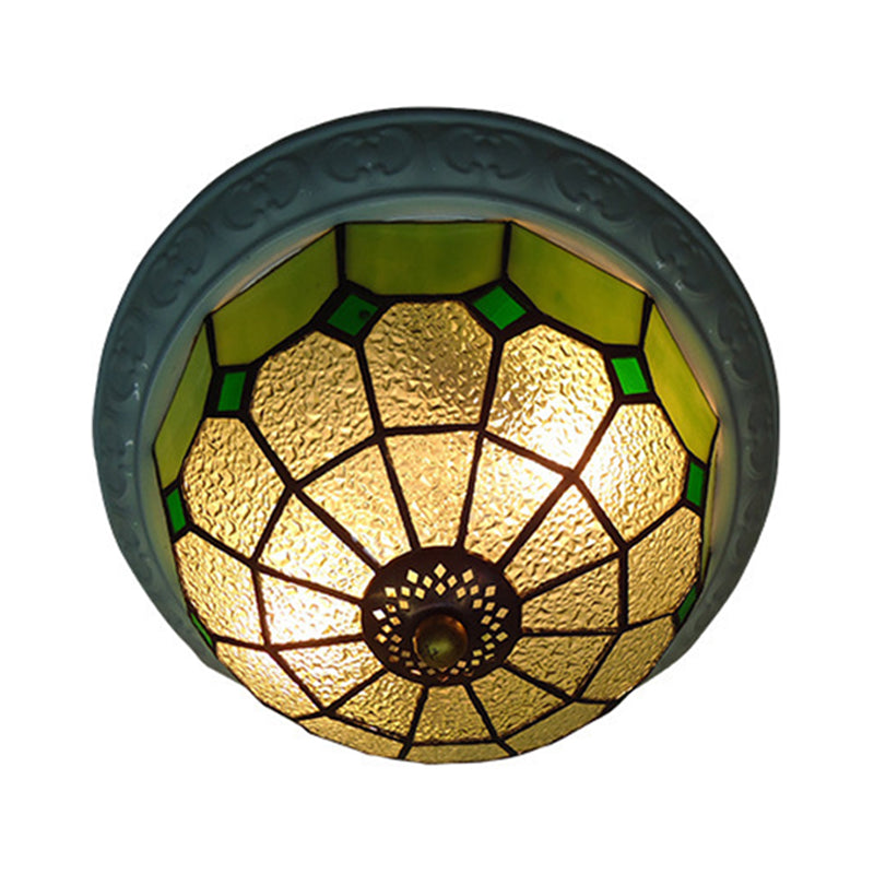 Tiffany Grid Patterned Flush Mount Lighting 2 Lights Pink/Yellow/Blue Cut Glass Ceiling Fixture for Corridor Green Clearhalo 'Ceiling Lights' 'Close To Ceiling Lights' 'Close to ceiling' 'Flush mount' Lighting' 330670