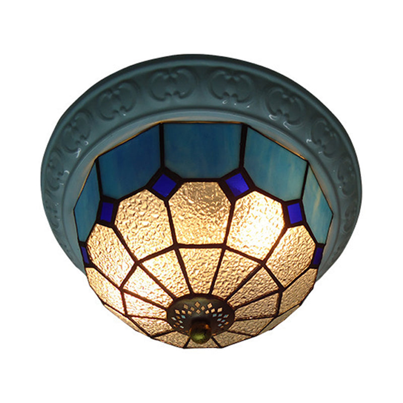 Tiffany Grid Patterned Flush Mount Lighting 2 Lights Pink/Yellow/Blue Cut Glass Ceiling Fixture for Corridor Blue Clearhalo 'Ceiling Lights' 'Close To Ceiling Lights' 'Close to ceiling' 'Flush mount' Lighting' 330672