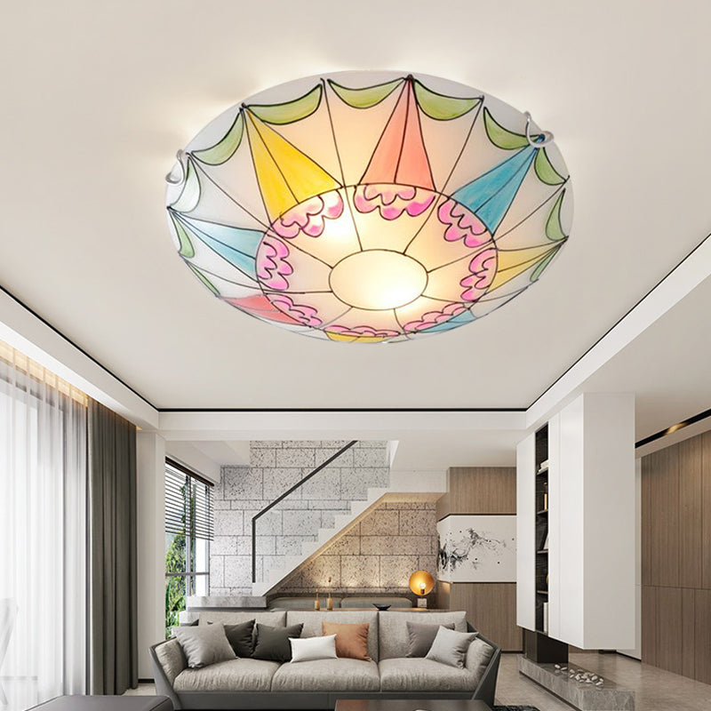 16"/19.5" Wide Domed Flush Light Fixture Mediterranean Pink Stained Glass 3/4 Lights Ceiling Lighting for Bedroom Pink Clearhalo 'Ceiling Lights' 'Close To Ceiling Lights' 'Close to ceiling' 'Flush mount' Lighting' 330673