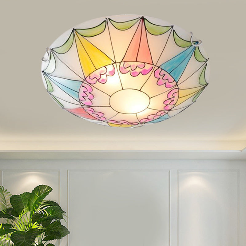 16"/19.5" Wide Domed Flush Light Fixture Mediterranean Pink Stained Glass 3/4 Lights Ceiling Lighting for Bedroom Clearhalo 'Ceiling Lights' 'Close To Ceiling Lights' 'Close to ceiling' 'Flush mount' Lighting' 330674