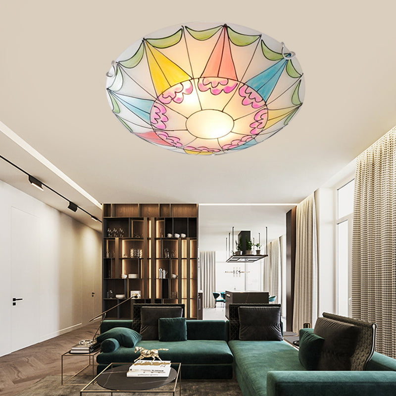 16"/19.5" Wide Domed Flush Light Fixture Mediterranean Pink Stained Glass 3/4 Lights Ceiling Lighting for Bedroom Clearhalo 'Ceiling Lights' 'Close To Ceiling Lights' 'Close to ceiling' 'Flush mount' Lighting' 330675