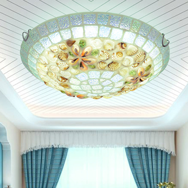 LED Bowl Shade Flush Mount Lamp Tiffany-Style Beige Shell Ceiling Light Fixture for Bedroom, 12"/16"/19.5" Wide Clearhalo 'Ceiling Lights' 'Close To Ceiling Lights' 'Close to ceiling' 'Flush mount' Lighting' 330696