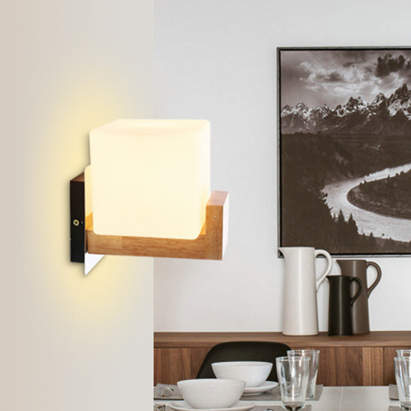 Contemporary 1 Head Sconce Light Wood Square Wall Mounted Lighting with White Glass Shade Wood Clearhalo 'Wall Lamps & Sconces' 'Wall Lights' Lighting' 330822