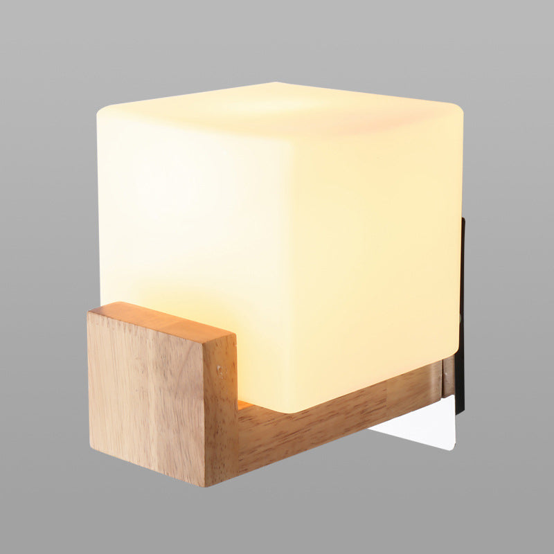 Contemporary 1 Head Sconce Light Wood Square Wall Mounted Lighting with White Glass Shade Clearhalo 'Wall Lamps & Sconces' 'Wall Lights' Lighting' 330824