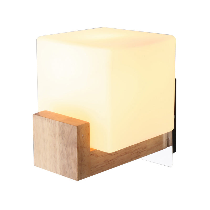 Contemporary 1 Head Sconce Light Wood Square Wall Mounted Lighting with White Glass Shade Clearhalo 'Wall Lamps & Sconces' 'Wall Lights' Lighting' 330825