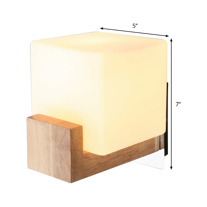 Contemporary 1 Head Sconce Light Wood Square Wall Mounted Lighting with White Glass Shade Clearhalo 'Wall Lamps & Sconces' 'Wall Lights' Lighting' 330826