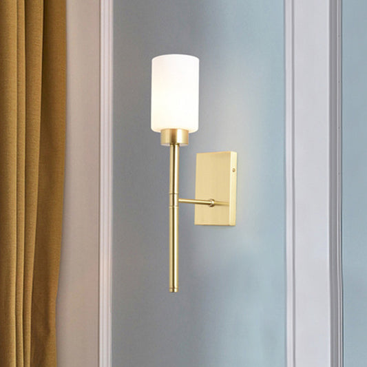 Opal Glass Tube Sconce Modernist 1 Bulb Wall Lighting Fixture in Brass with Metal Pencil Arm Brass Clearhalo 'Cast Iron' 'Glass' 'Industrial' 'Modern wall lights' 'Modern' 'Tiffany' 'Traditional wall lights' 'Wall Lamps & Sconces' 'Wall Lights' Lighting' 330827
