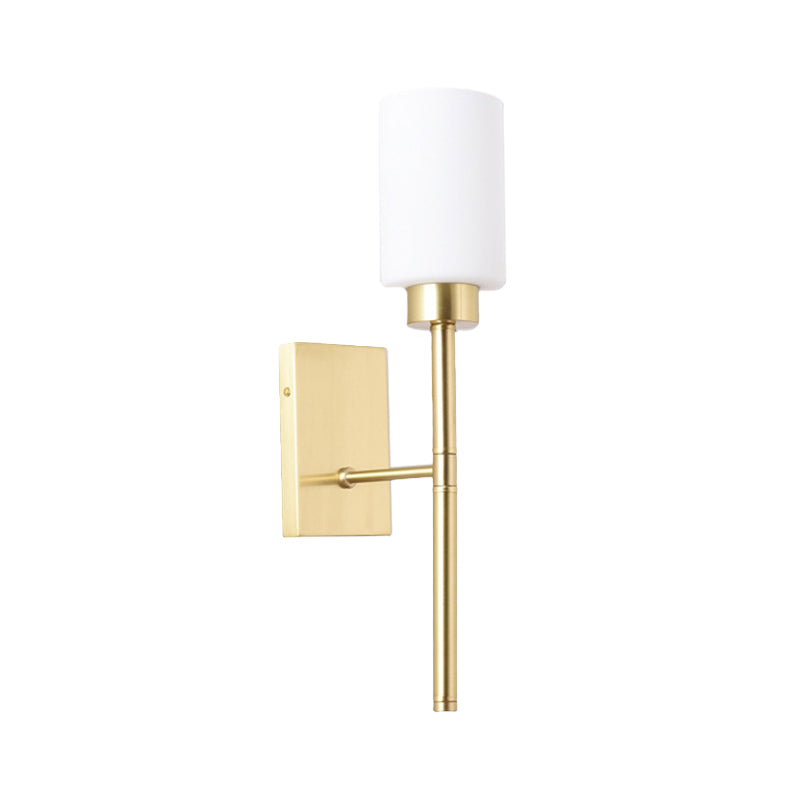 Opal Glass Tube Sconce Modernist 1 Bulb Wall Lighting Fixture in Brass with Metal Pencil Arm Clearhalo 'Cast Iron' 'Glass' 'Industrial' 'Modern wall lights' 'Modern' 'Tiffany' 'Traditional wall lights' 'Wall Lamps & Sconces' 'Wall Lights' Lighting' 330830