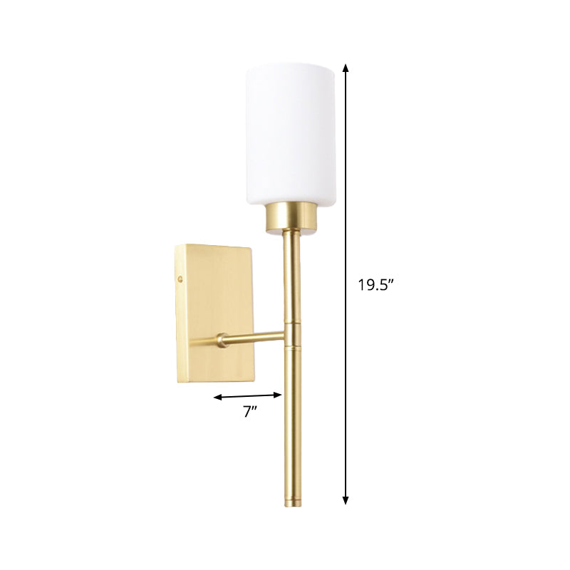 Opal Glass Tube Sconce Modernist 1 Bulb Wall Lighting Fixture in Brass with Metal Pencil Arm Clearhalo 'Cast Iron' 'Glass' 'Industrial' 'Modern wall lights' 'Modern' 'Tiffany' 'Traditional wall lights' 'Wall Lamps & Sconces' 'Wall Lights' Lighting' 330831