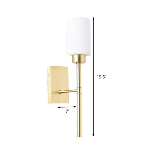 Opal Glass Tube Sconce Modernist 1 Bulb Wall Lighting Fixture in Brass with Metal Pencil Arm Clearhalo 'Cast Iron' 'Glass' 'Industrial' 'Modern wall lights' 'Modern' 'Tiffany' 'Traditional wall lights' 'Wall Lamps & Sconces' 'Wall Lights' Lighting' 330831