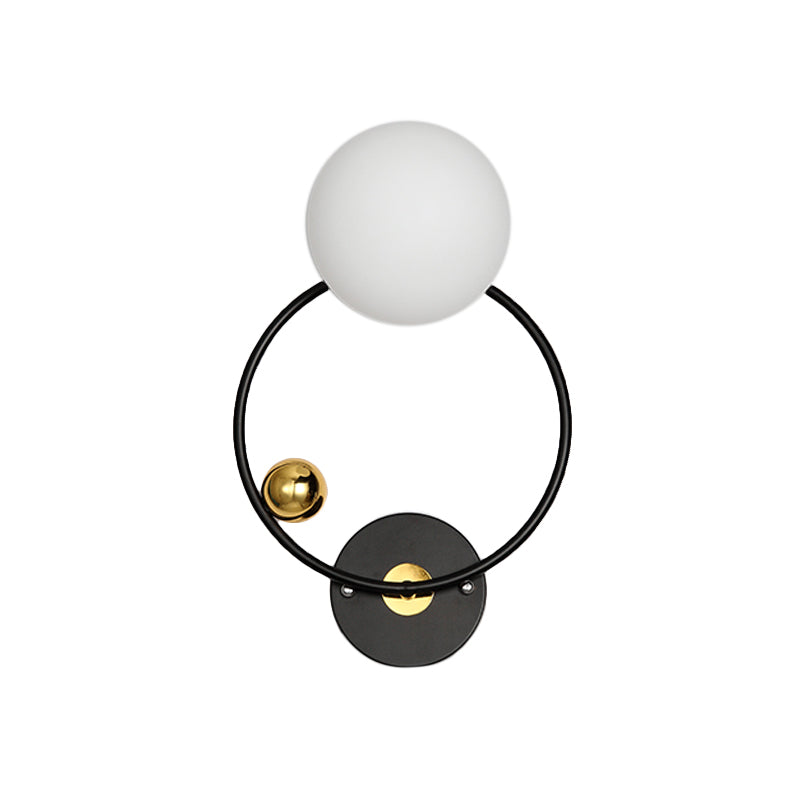 Black Circular Wall Lighting Modernist 1 Head Metal Sconce Light Fixture with Opal Glass Shade Clearhalo 'Cast Iron' 'Glass' 'Industrial' 'Modern wall lights' 'Modern' 'Tiffany' 'Traditional wall lights' 'Wall Lamps & Sconces' 'Wall Lights' Lighting' 330840