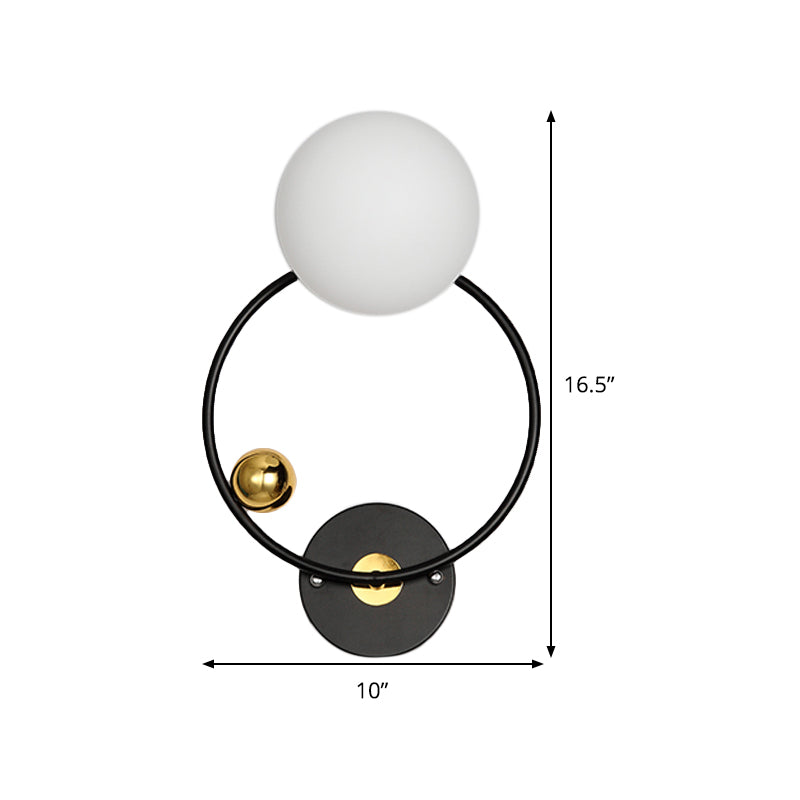 Black Circular Wall Lighting Modernist 1 Head Metal Sconce Light Fixture with Opal Glass Shade Clearhalo 'Cast Iron' 'Glass' 'Industrial' 'Modern wall lights' 'Modern' 'Tiffany' 'Traditional wall lights' 'Wall Lamps & Sconces' 'Wall Lights' Lighting' 330841